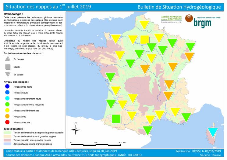 Baisse du niveau des nappes phréatiques en France (crédits : Bulletin de Situation Hydrologique au 1er septembre 2019, BGRM)